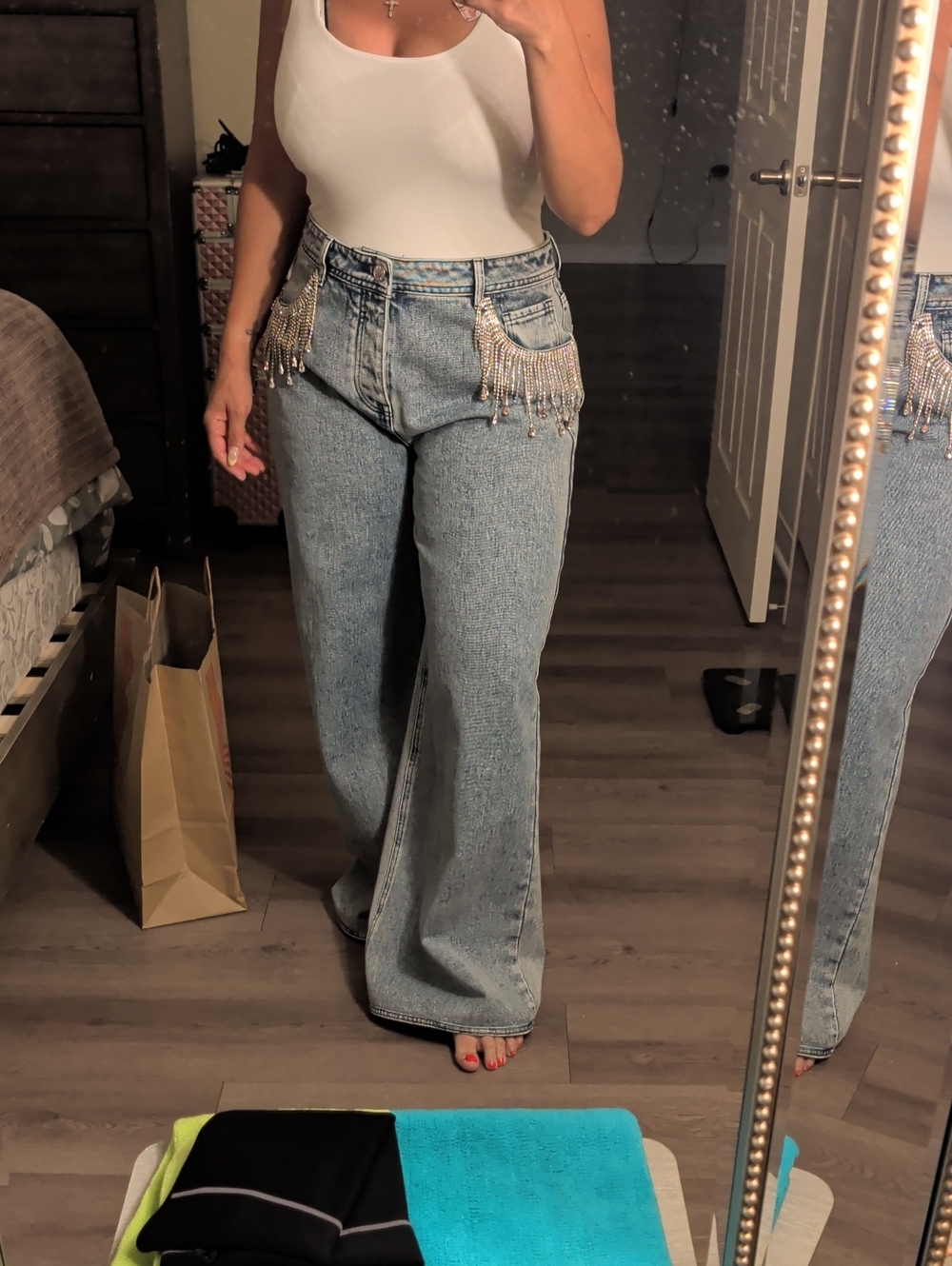 Nasty Gal Light Blue Rhinestone Fringe Flare Jeans
